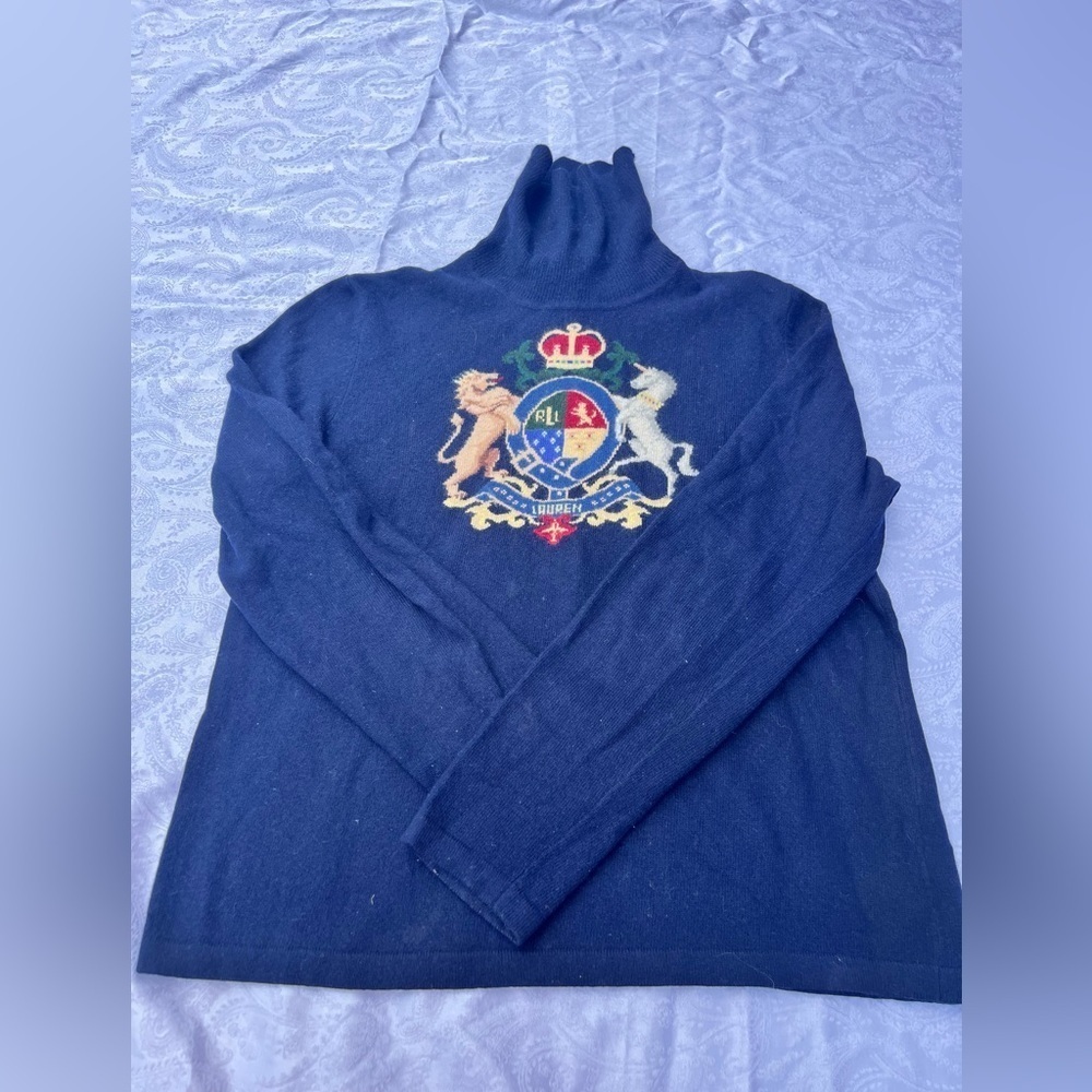 Vintage Ralph Lauren Crest Turtleneck Wool Cashmere Angora Sweater Gray pm